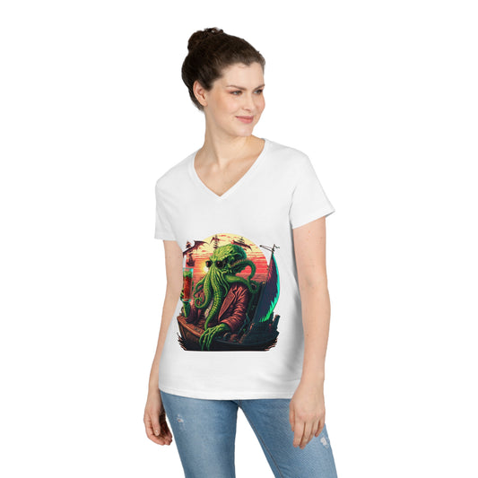 Ladies' Cthulhu Enjoying a cold one V-Neck T-Shirt