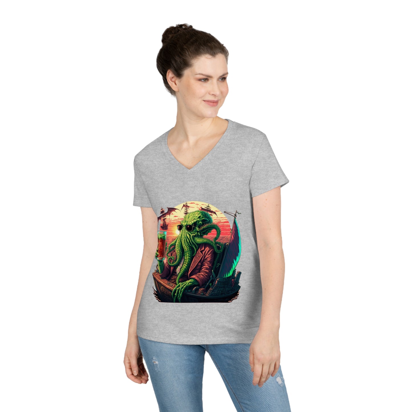 Ladies' Cthulhu Enjoying a cold one V-Neck T-Shirt