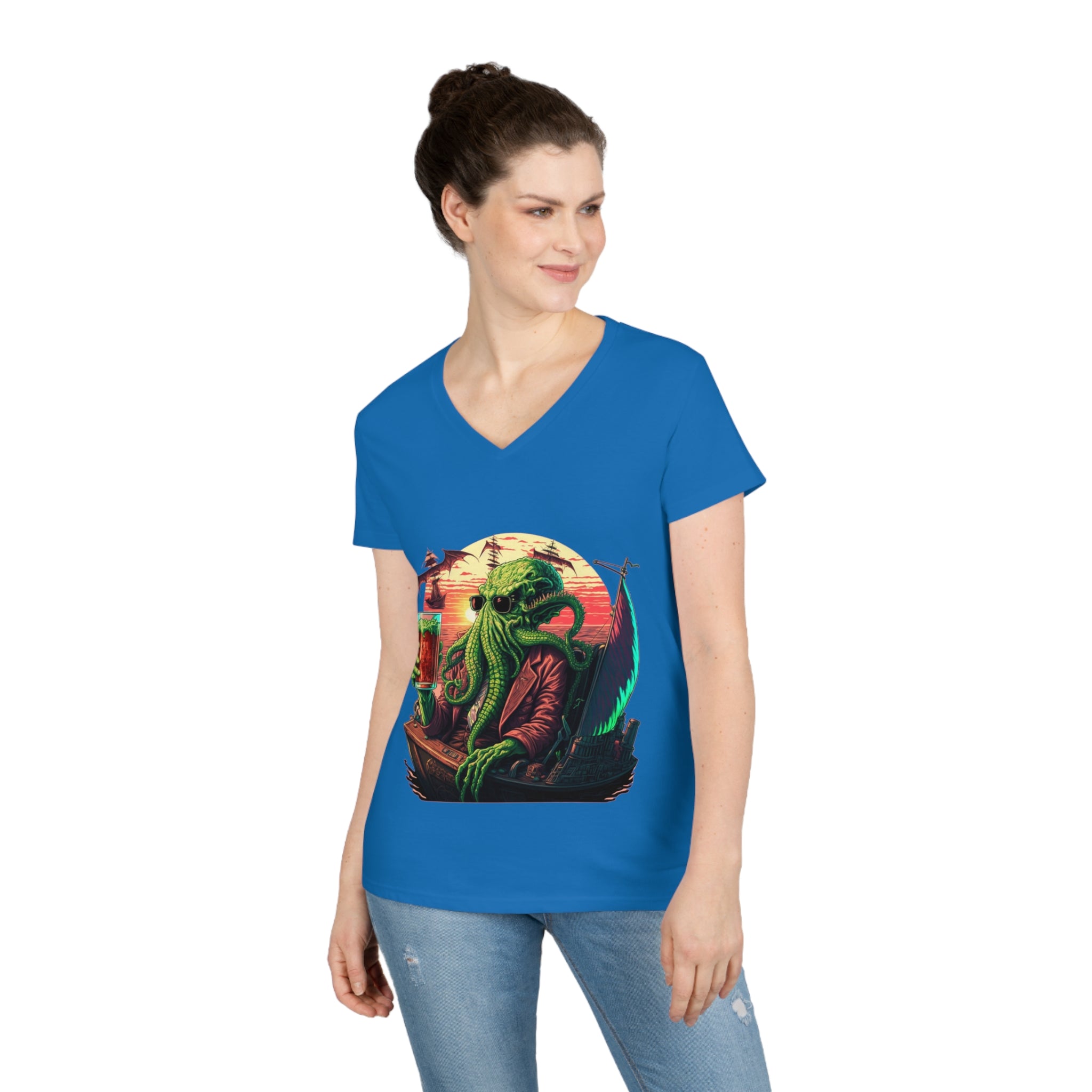 Ladies' Cthulhu Enjoying a cold one V-Neck T-Shirt