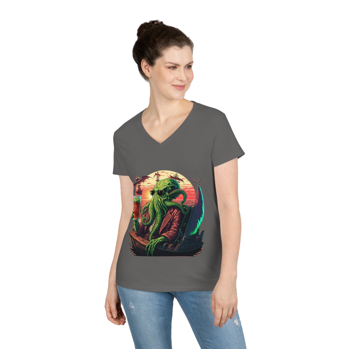 Ladies' Cthulhu Enjoying a cold one V-Neck T-Shirt