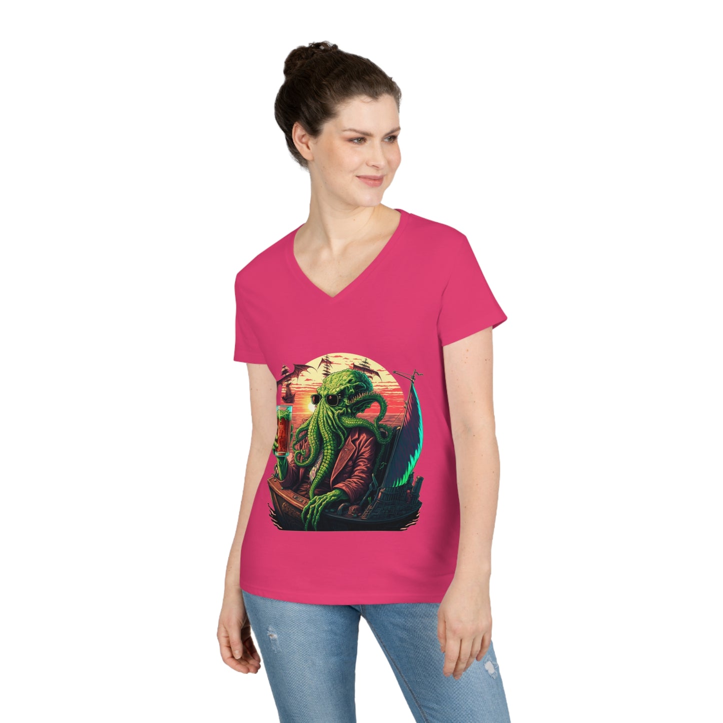 Ladies' Cthulhu Enjoying a cold one V-Neck T-Shirt