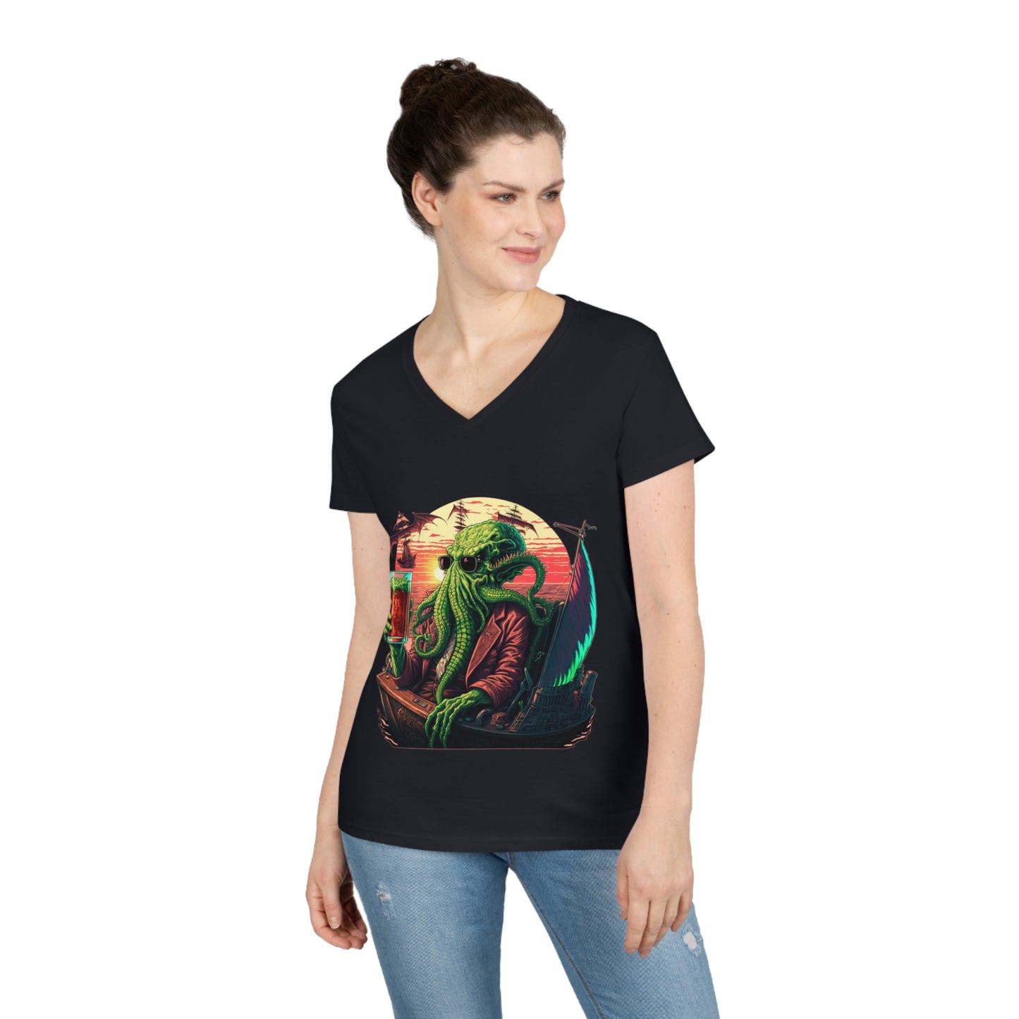 Ladies' Cthulhu Enjoying a cold one V-Neck T-Shirt